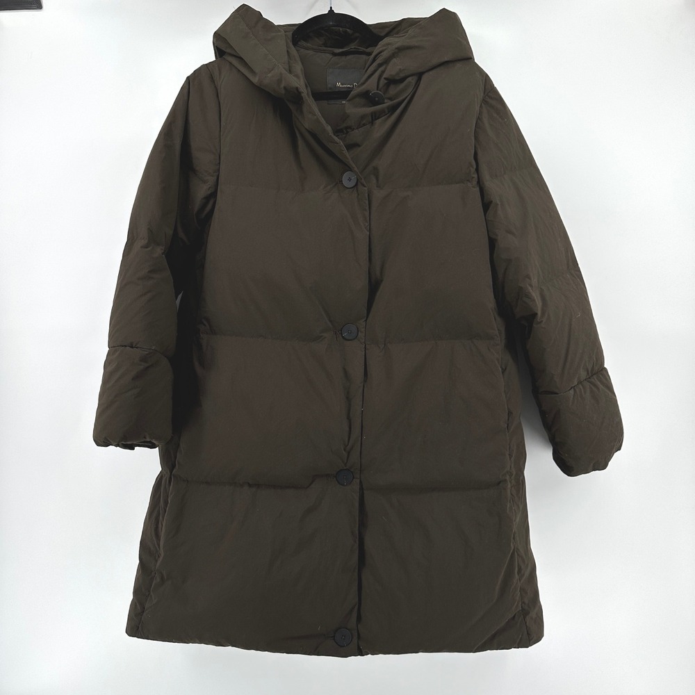 Massimo Dutti Womens Hooded Puffer Coat Chocolate Brown Quilted Jacket XS FN268